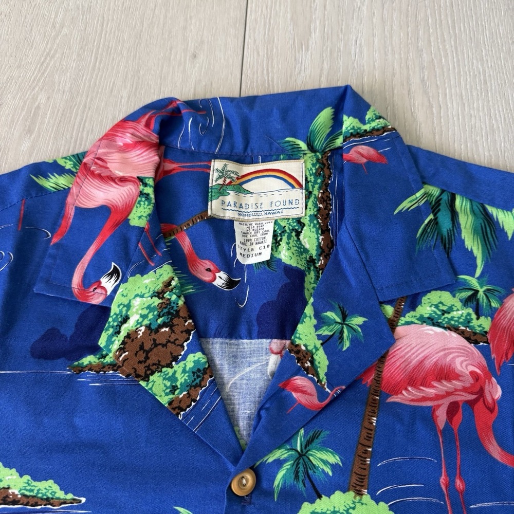 Vintage Paradise Found Hawaiian Shirt Flamingo Palm Trees Beach Men's M Medium